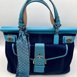 Coach Purse Navy Blue Canvas Turquoise Leather Vintage Tote Style9367 Rare!!!